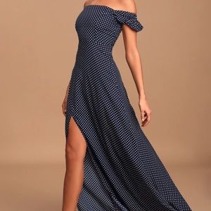 Navy Blue Polka Dot Off-the-Shoulder Maxi Dress